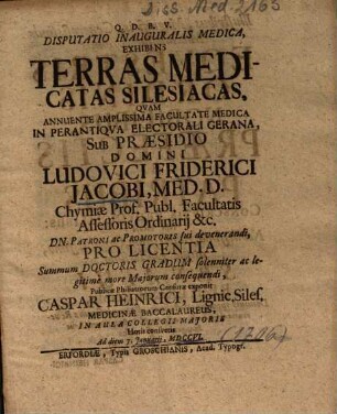 Disputatio Inauguralis Medica, Exhibens Terras Medicatas Silesiacas