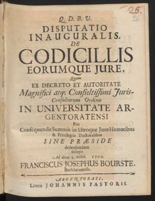 Disputatio Inauguralis. De Codicillis Eorumque Iure