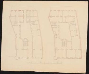 Mietshaus mit zwei Seitenflügeln: Grundriss Erd- und Obergeschoss