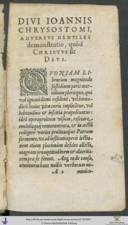 Divi Ioannis Chrysostomi, Adversvs Gentiles Demonstratio, Quod Christus Sit Devs.