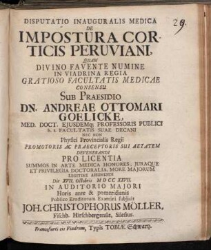 Disputatio Inauguralis Medica De Impostura Corticis Peruviani