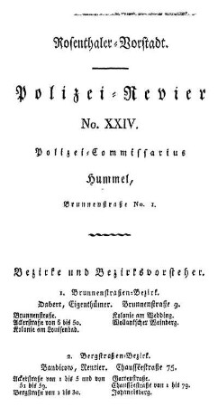 Rosenthaler= Vorstadt. Polizei= Revier No. XXIV.