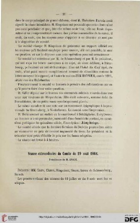Séance extraordinaire du Comité du 29 août 1864