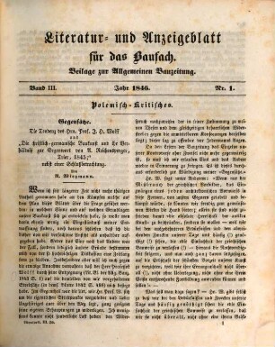 Literatur- und Anzeigeblatt für das Baufach. 3. 1846/49 (1849)