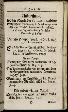 Anweisung, wo die Regeln der Syntaxis nach der Langischen Grammatic, in dem Compendio der Märkischen Grammatic befindlich, und qua Pagina die darauf gestellte Exercitia zu suchen.