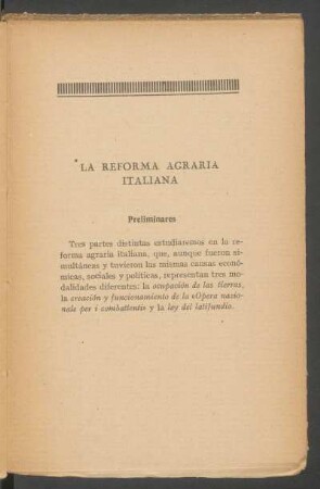 La reforma agraria italiana : Preliminares