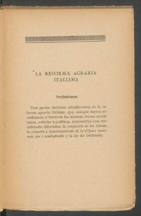 La reforma agraria italiana : Preliminares