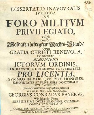 Dissertatio inauguralis iuridica de foro militum privilegiato