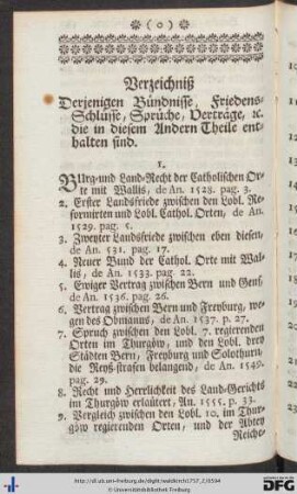 Verzeichniß derjenigen Bündnisse, Friedensschlüsse, Sprüche, Verträge, etc. die in diesem Andern Theile enthalten sind.