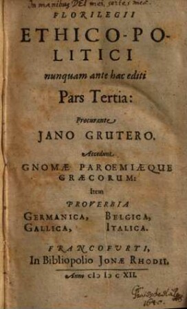 Florilegium Ethico-Politicum : nunquam antehac editum ..., 3