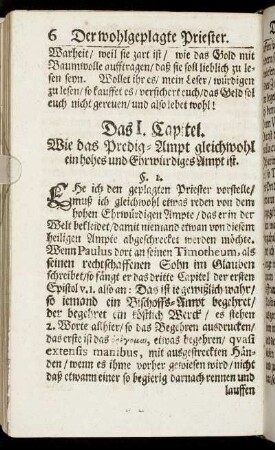 Das I. Capitel. Wie das Predig-Ampt gleichwohl ein hohes und Ehrwürdiges Ampt ist.