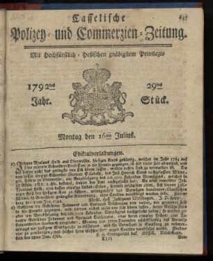 29tes Stueck, Montag den 16ten Julius. 1792