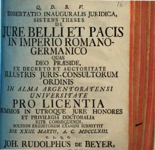 Diss. inaug. iur. sistens theses de iure belli et pacis in imperio Romano-Germanico
