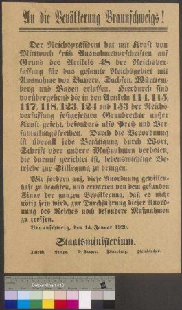 Veröffentlichung eines Erlasses des Reichspräsidenten zur Einschränkung der Presse- und Versammlungsfreiheit durch das Braunschweigische Staatsministerium