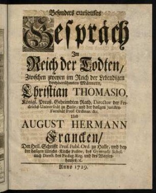 5-56, Besonders curiuses Gespräch im Reich Todten zwischen [...] Thomasio, [...] und [...] Francken...