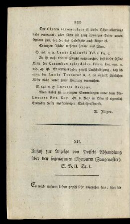 XII. Zusatz zur Anzeige von Possels Abhandungen über den sogenannten Ohrwurm (Zangenafter) S. B. II. St. I.