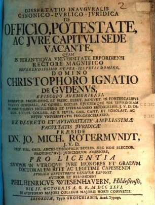 Diss. inaug. ... de officio, potestate ac iure capituli sede vacante