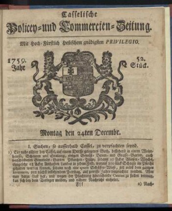 52. Stueck, Montag den 24ten Decembr. 1759