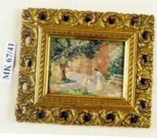 Wandschmuck, gerahmt: Frau mit Hund vor einem Haus
