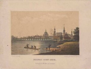 Stadtansicht von Dresden, Blick vom linken Elbufer in Höhe des Ostrageheges auf die Altstadt, im Vordergrund Fischer im Boot