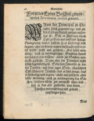 Form des Eydes Boßheit zuvormeiden Iuramentum malitiae genandt.