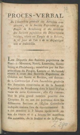 Procès-Verbal De l'Assemblée générale des Autorités constituées, de la Société Populaire et du Peuple de Strasbourg et des membres des Sociétés populaires des Départemens voisins, réunis au Temple de la Raison, le 27 jour de l'an 2 de la République une et indivisible