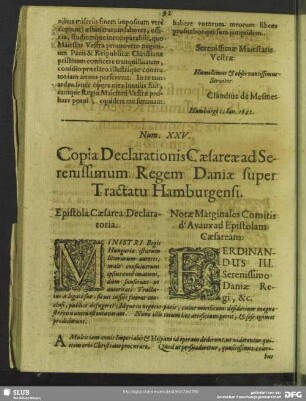 Num XXV. Copia Declarationis Caesareae ad Serenissimum Regem Daniae super Tractatu Hamburgensi