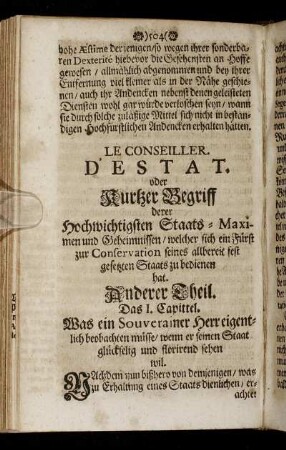 Anderer Theil. Kurtzer Begriff derer Hochwichtigsten Staats-Maximen und Geheimissen [...]