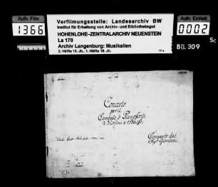 Tommaso Giordani: Concerto / per il / Cembalo ô Pianoforte / 2 Violini e Basso; / Composto dal / Sig. Giordani / B-dur; am Schluss der Cembalo-Stimme ausgeschriebene Kadenz zum 1. Satz; Besitzvermerk: Charles Prince de Hohenlohe.
