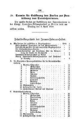 Inhalts-Verzeichnis des Januar-Februar-Heftes