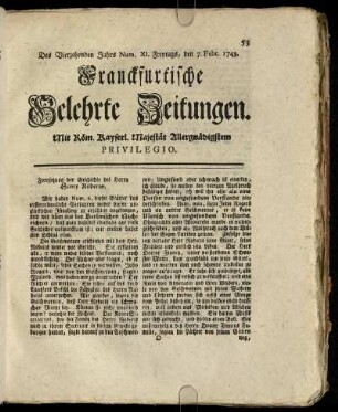 Num. XI. Freytags, den 7. Febr. 1749 - Num. XX. Dienstags, den 11. Mart. 1749