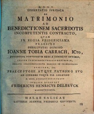 Diss. iur. de matrimonio ad benedictionem sacerdotis incompetentis contracto