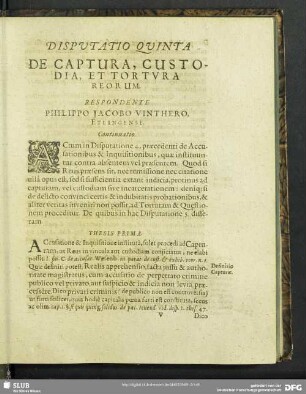 Disputatio Quinta De Captura, Custodia, Et Tortura Reorum