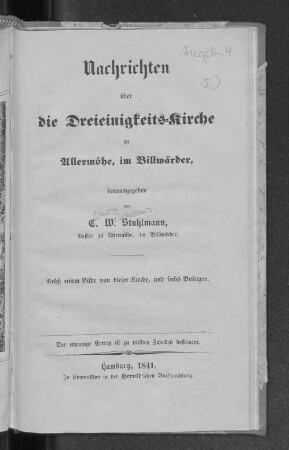 Nachrichten über die Dreieinigkeits-Kirche zu Allermöhe, im Billwärder
