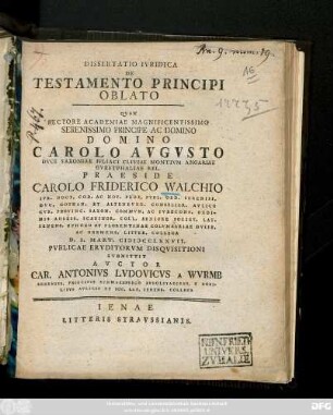 Dissertatio Ivridica De Testamento Principi Oblato