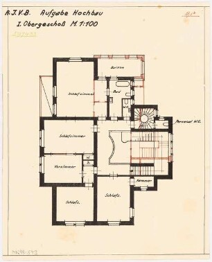 Umbau eines Landhauses Monatskonkurrenz Februar 1933: Grundriss Obergeschoss 1:100, mit Umbaumaßnahmen