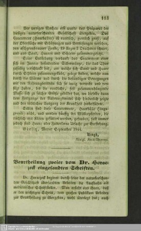 Beurtheilung zweier von Dr. Horaczeck eingesandten Schriften