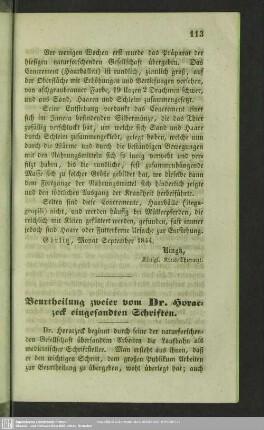 Beurtheilung zweier von Dr. Horaczeck eingesandten Schriften
