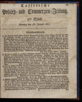 2tes Stück, Montag den 5ten Januar 1807