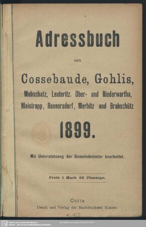 1899: Adressbuch für Cossebaude, Gohlis, Mobschatz, Leuteritz, Ober- und Niederwartha, Weistropp, Rennersdorf, Merbitz und Brabschütz