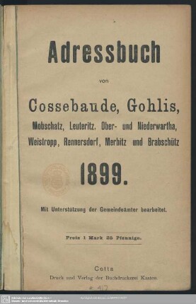 1899: Adressbuch für Cossebaude, Gohlis, Mobschatz, Leuteritz, Ober- und Niederwartha, Weistropp, Rennersdorf, Merbitz und Brabschütz