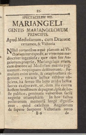Spectaculum VIII: Mariangeli Gentis Mariangelorum Principis. Apud Mediolanum, cum Dracone certamen, & Victoria.