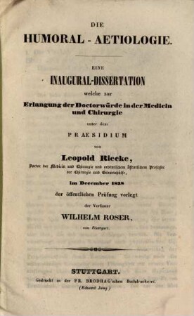 Die Humoral-Aetiologie : eine Inaug.-Diss.