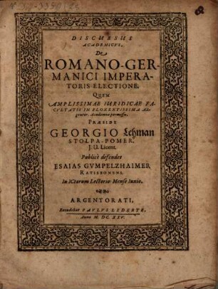 Discursus Academicus, De Romano-Germanici Imperatoris Electione