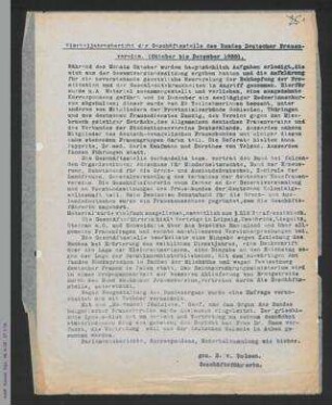 Vierteljahresbericht der Geschäftsstelle des BDF, Oktober bis Dezember 1920