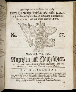 No. 37. Montags, den 10ten September 1764.