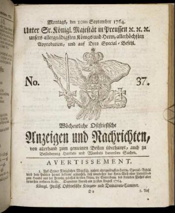 No. 37. Montags, den 10ten September 1764.