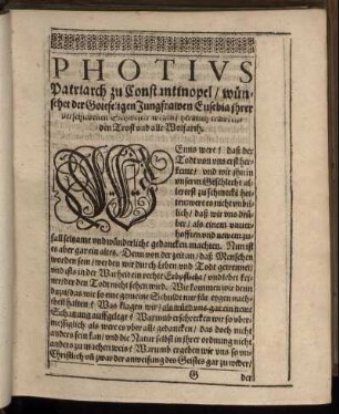 Photius Patriarch zu Constantinopel, wünschet [...] Trost und Wolfarth.