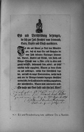 No. 4 Eid und Verschreibung betr. zollfreier Ein- und Ausfuhr.