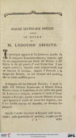 Alcune letterarie notizie sopra le opere di M. Lodovico Ariosto